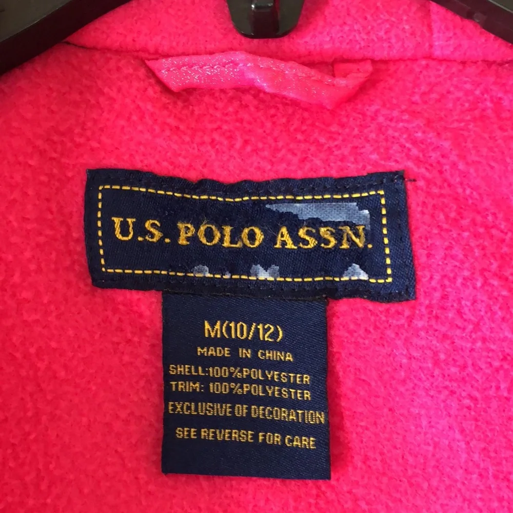 U.S. Polo Assoc. Girl’s Pink Plush Zip Hooded Jacket Pockets Arm Patches M